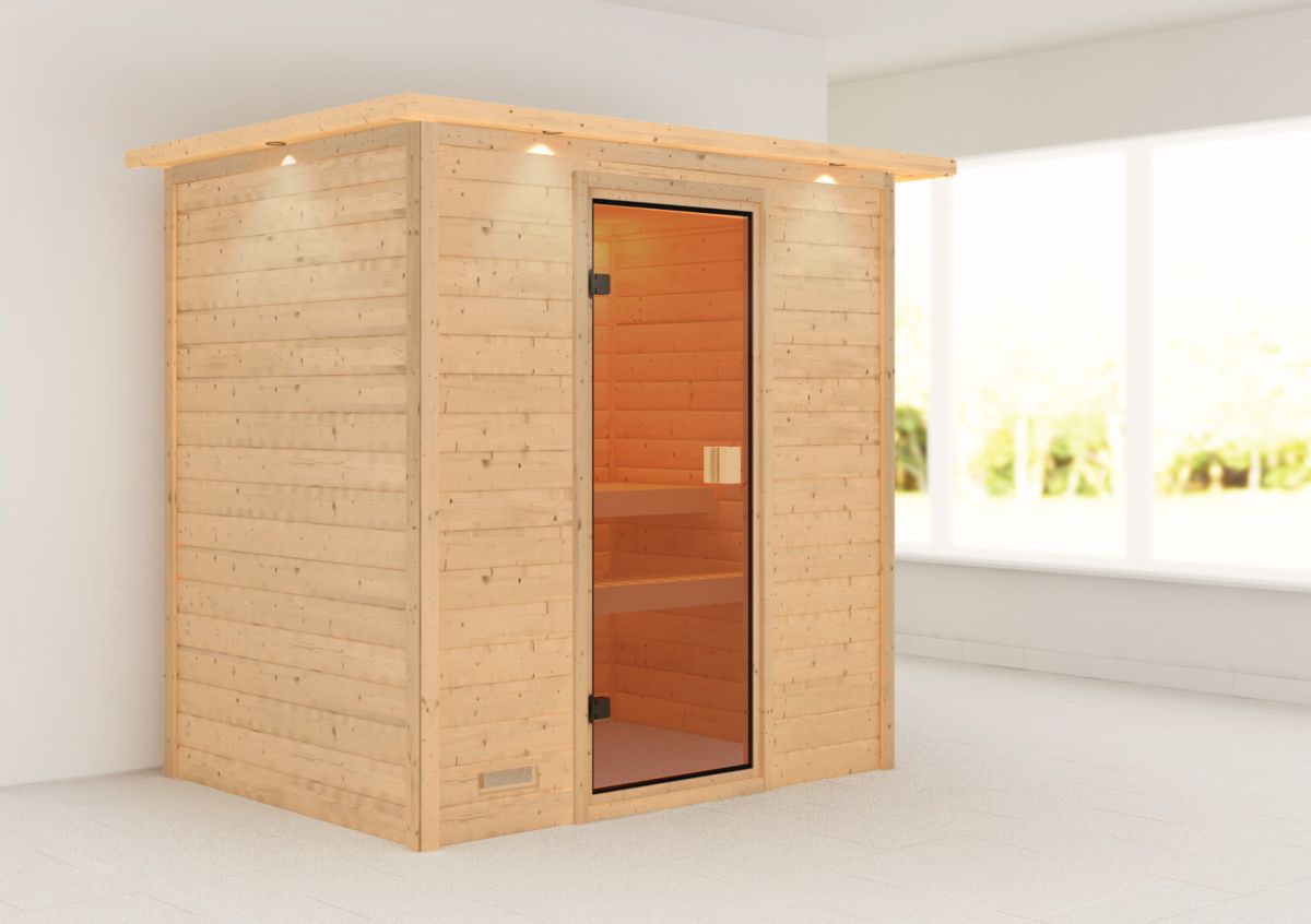 Karibu Sauna Selena - 195 x 145 cm, 38 mm Massivholz mit Kranz | ohne Ofen
