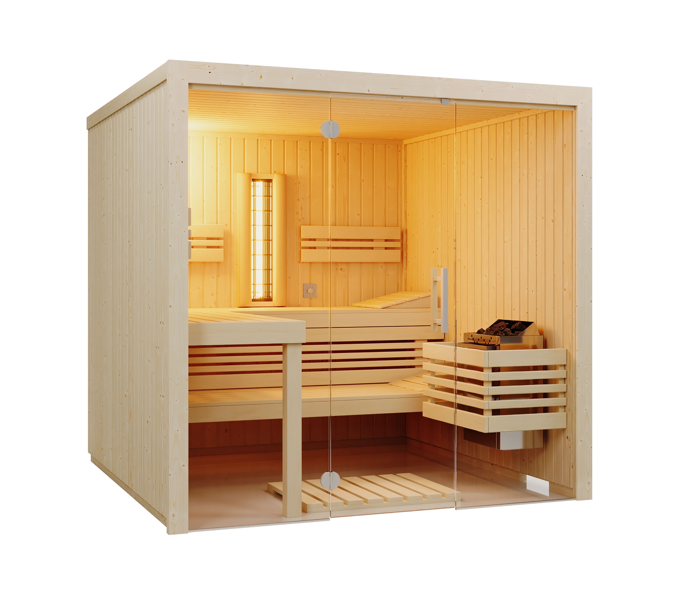 Kombisauna Panorama Complete Fichte 208 - 210x208 cm, 75 mm Elementsauna mit Infrarot