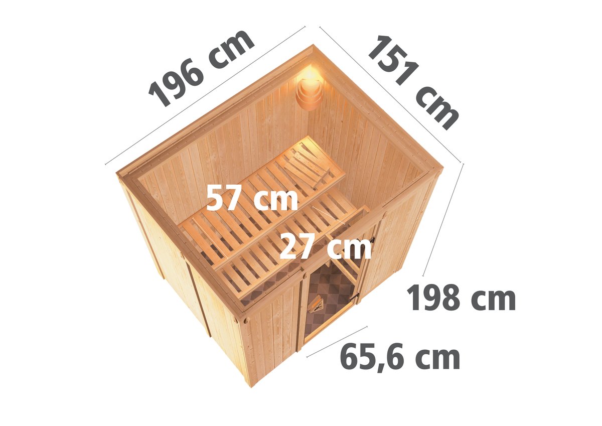 Karibu Plug & Play Sauna Fanja - 196x151 cm, 68 mm Systemsauna, ohne Kranz|Tür Klarglas|PnP-Ofen 2