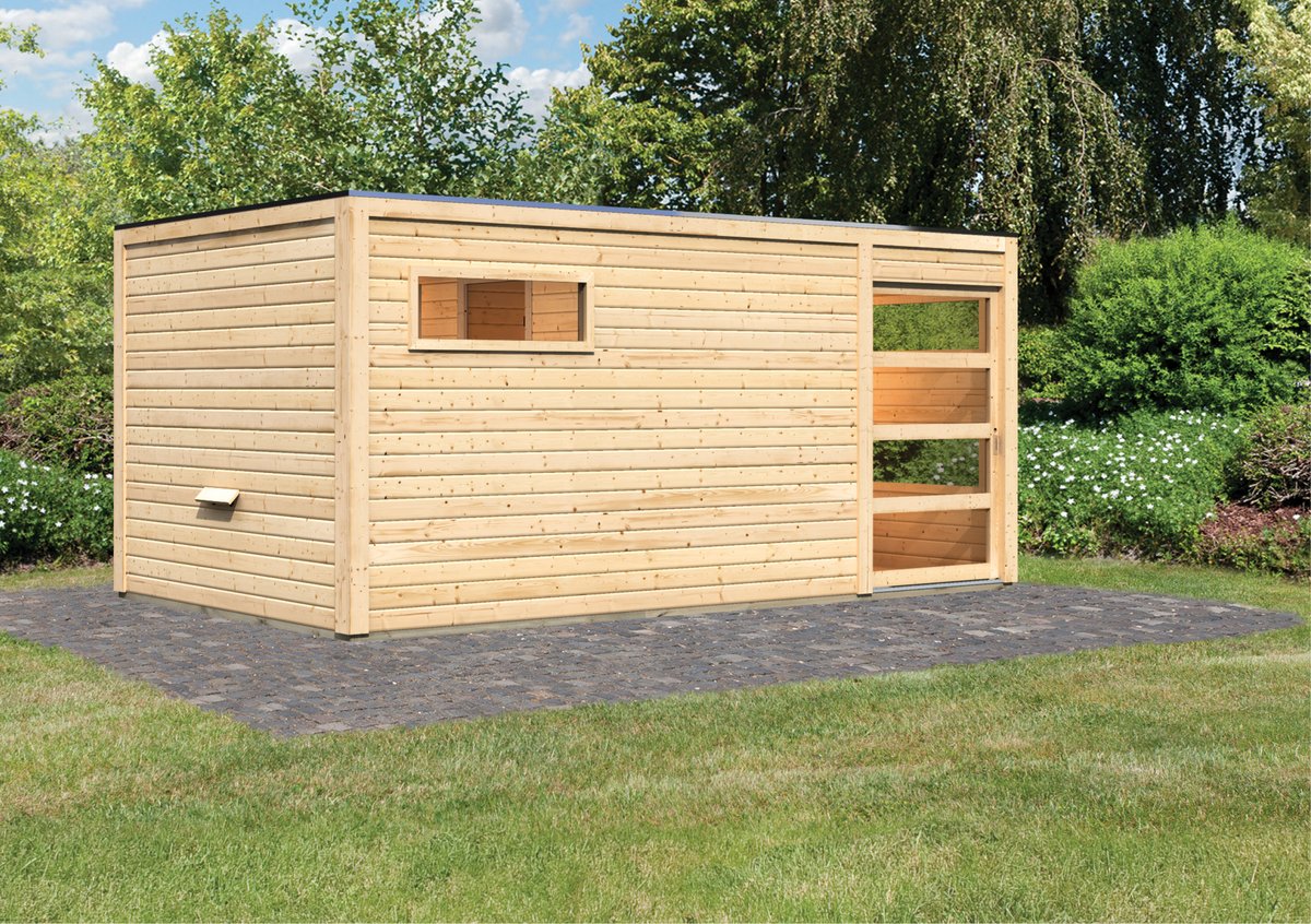 Karibu Saunahaus Hygge - 508 x 276 cm, 38 mm Massivholz, naturbelassen|ohne Ofen