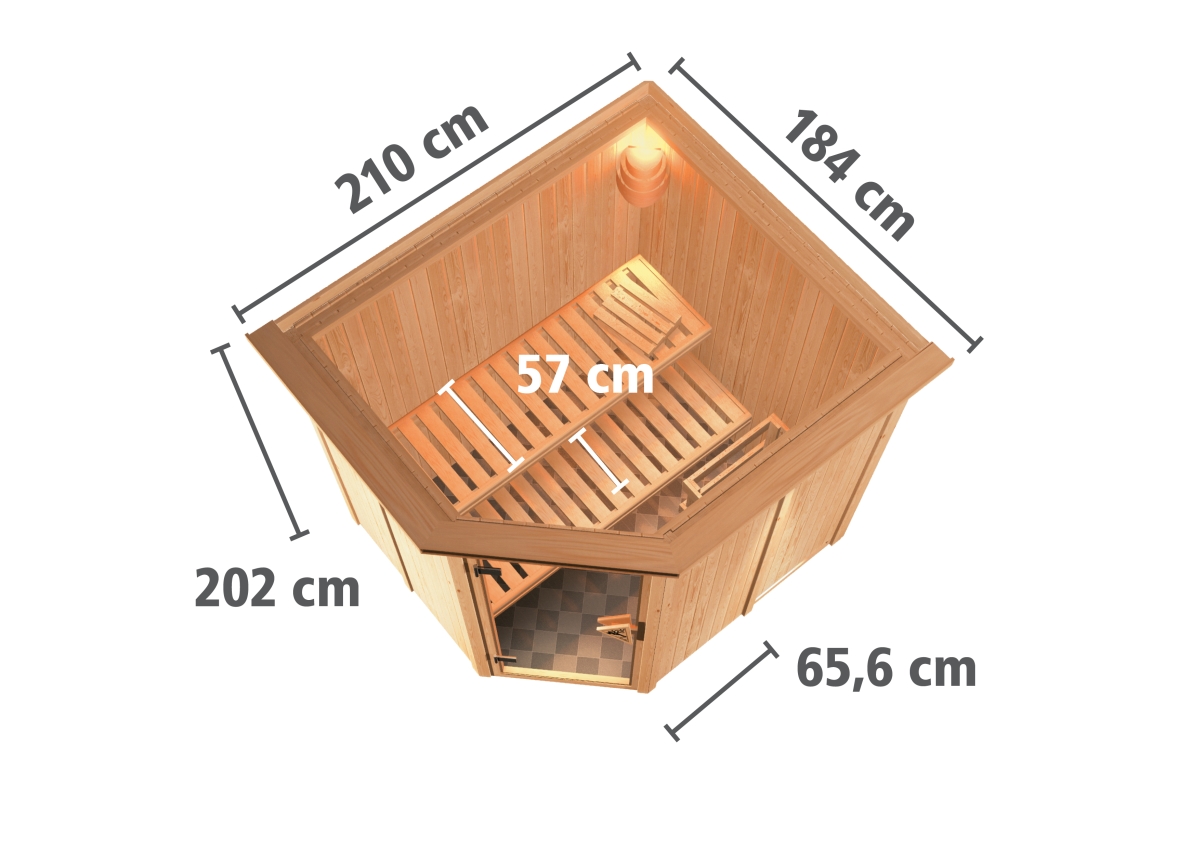 Karibu Plug & Play Sauna Lilja - 196x170 cm, 68 mm Systemsauna mit Kranz | Glastür bronziert | ohne Ofen