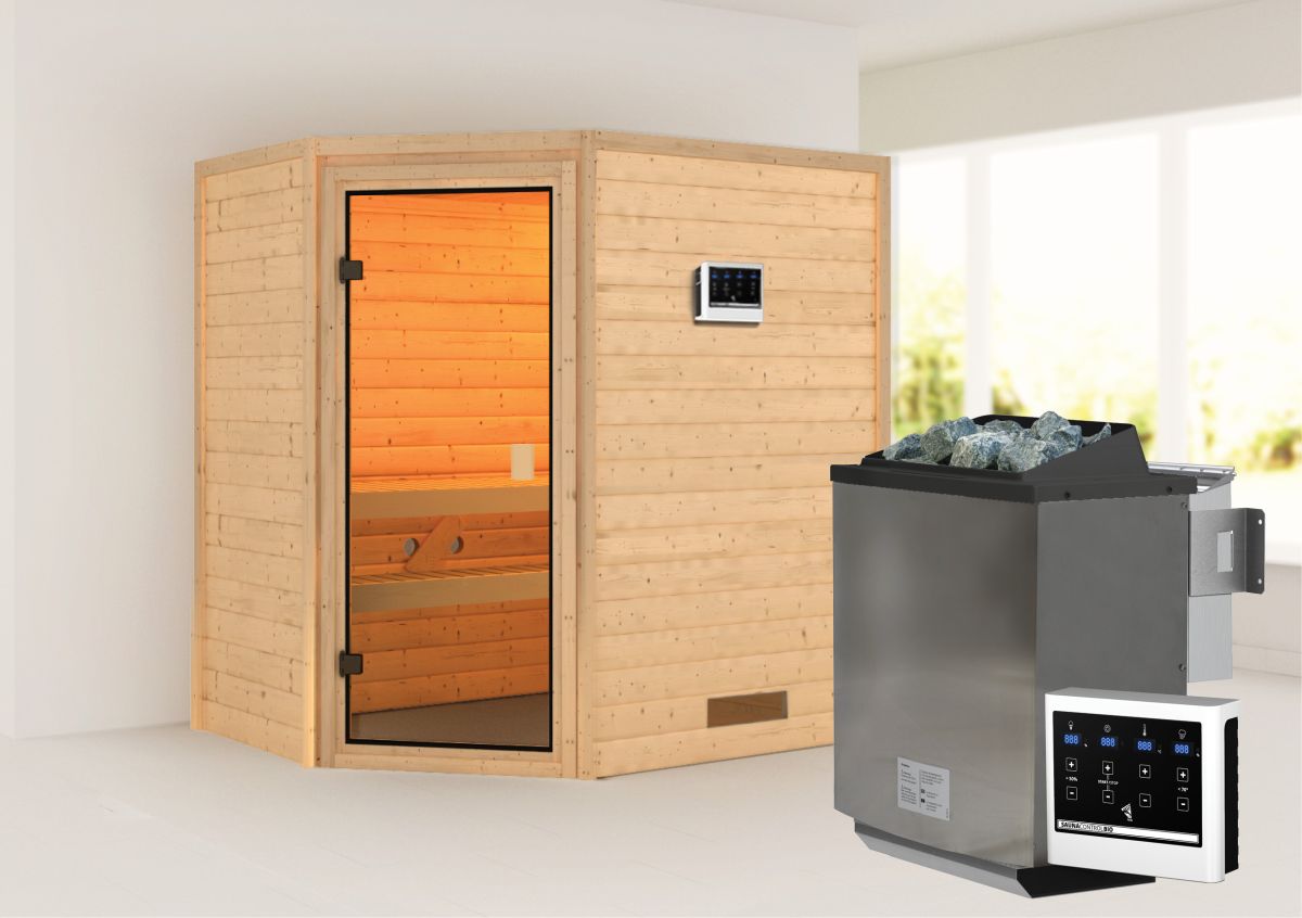 Karibu Sauna Jella - 195 x 145 cm, 38 mm Massivholz | Bio-Ofen 9 kW mit ext. Steuerung