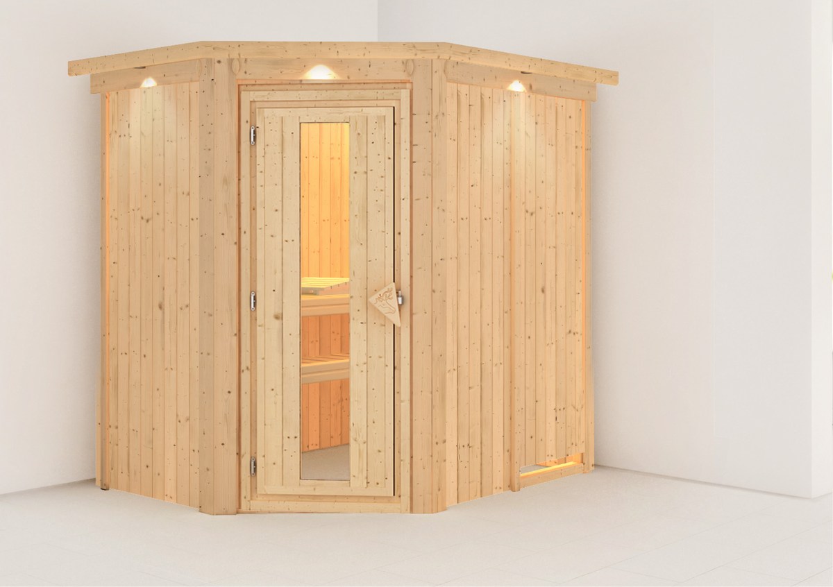 Karibu Energiespar-Sauna Caspin GREEN POWER - 196x151 cm, 68 mm Systemsauna mit Dachkranz | ohne Ofen