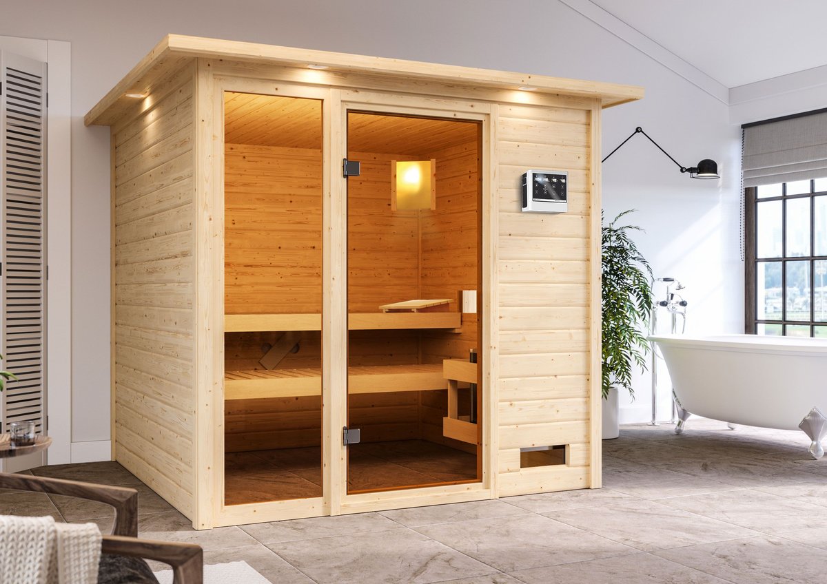 Karibu Sauna Jutta - 196 x 196 cm, 38 mm Massivholz mit Kranz | Bio-Ofen 9 kW mit ext. Steuerung