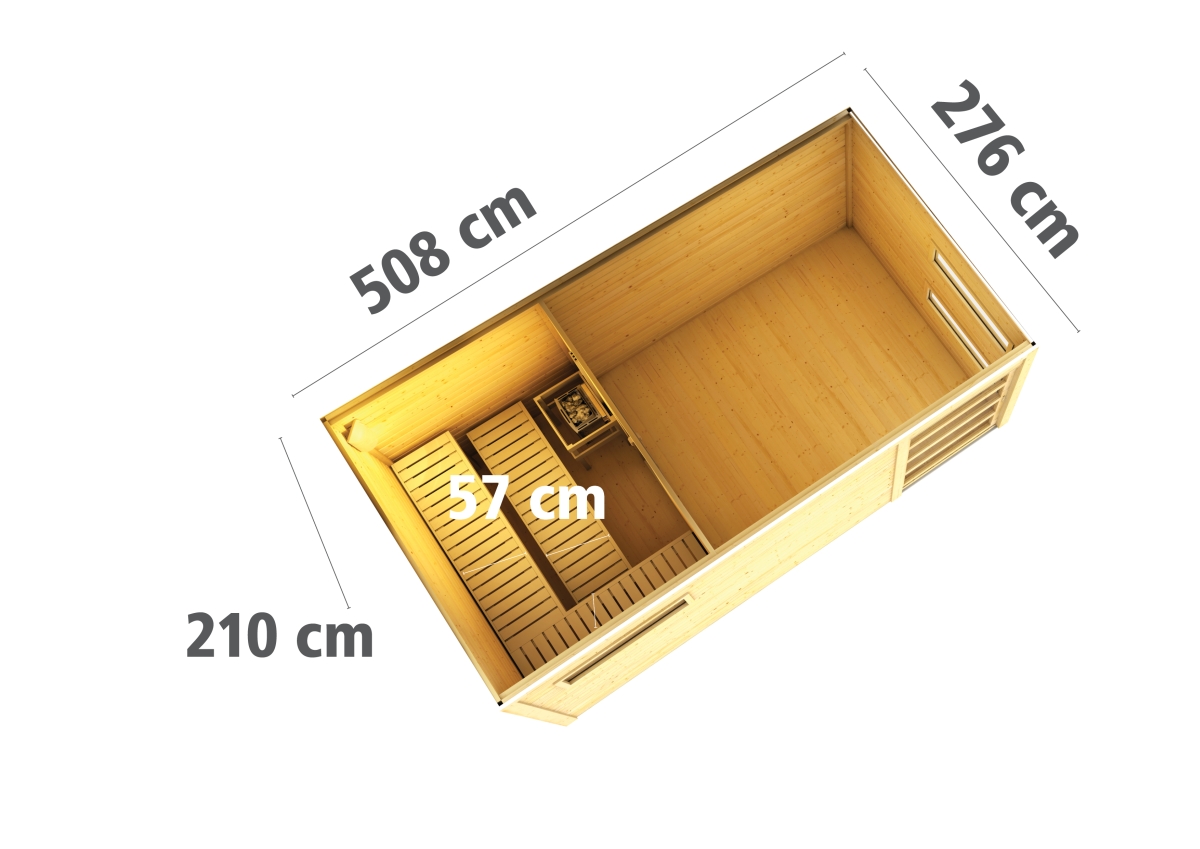 Karibu Saunahaus Hygge - 508 x 276 cm, 38 mm Massivholz, naturbelassen|ohne Ofen