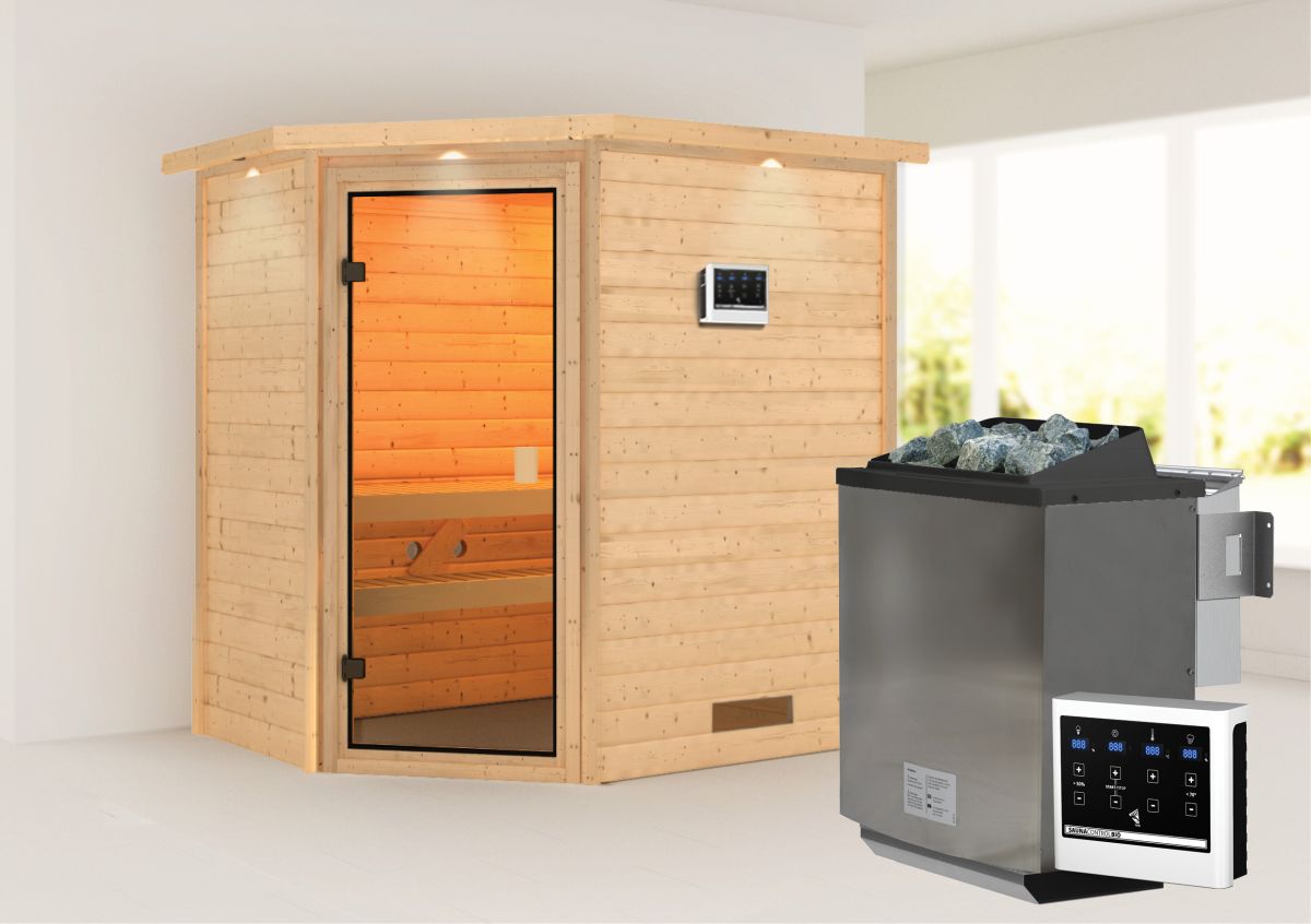 Karibu Sauna Jella - 195 x 145 cm, 38 mm Massivholz mit Kranz | Bio-Ofen 9 kW mit ext. Steuerung