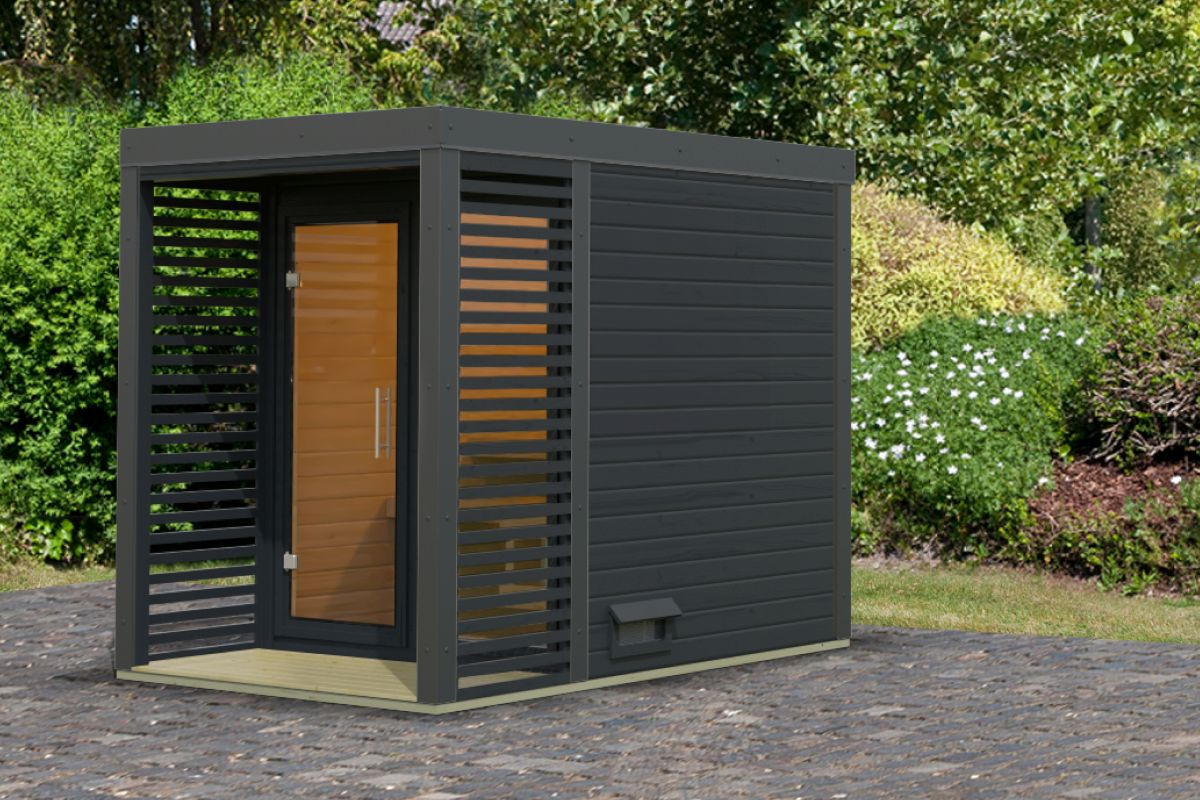 Hybrid-Saunahaus Ares 1 - 191x276 cm, 38mm Außensauna anthrazit/anthrazit | ohne Ofen