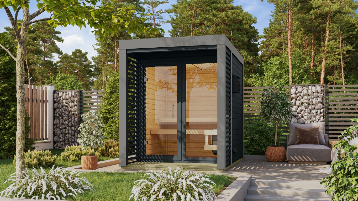 Hybrid-Saunahaus Ares 1 - 191x276 cm, 38mm Holz/Metall Außensauna