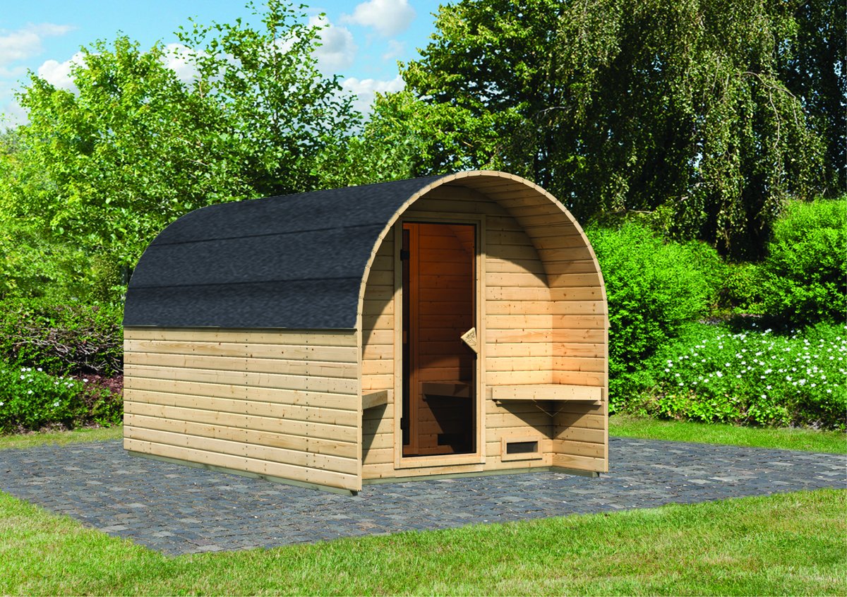 Karibu Sauna-Fasshaus 3 - 219 x 385 cm, 38 mm Massivholz naturbelassen | ohne Ofen