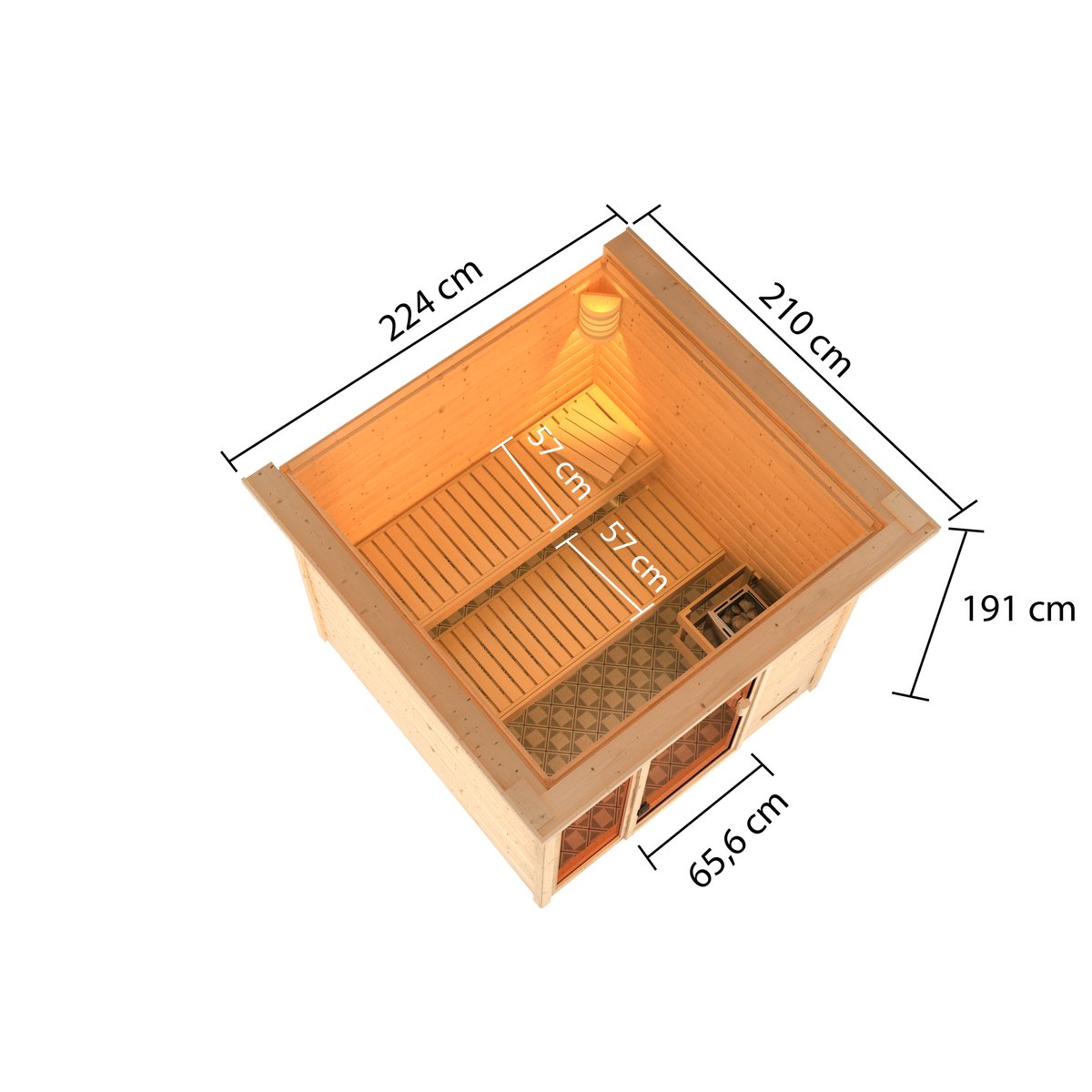 Karibu Sauna Jutta - 196 x 196 cm, 38 mm Massivholz mit Kranz | Bio-Ofen 9 kW mit ext. Steuerung