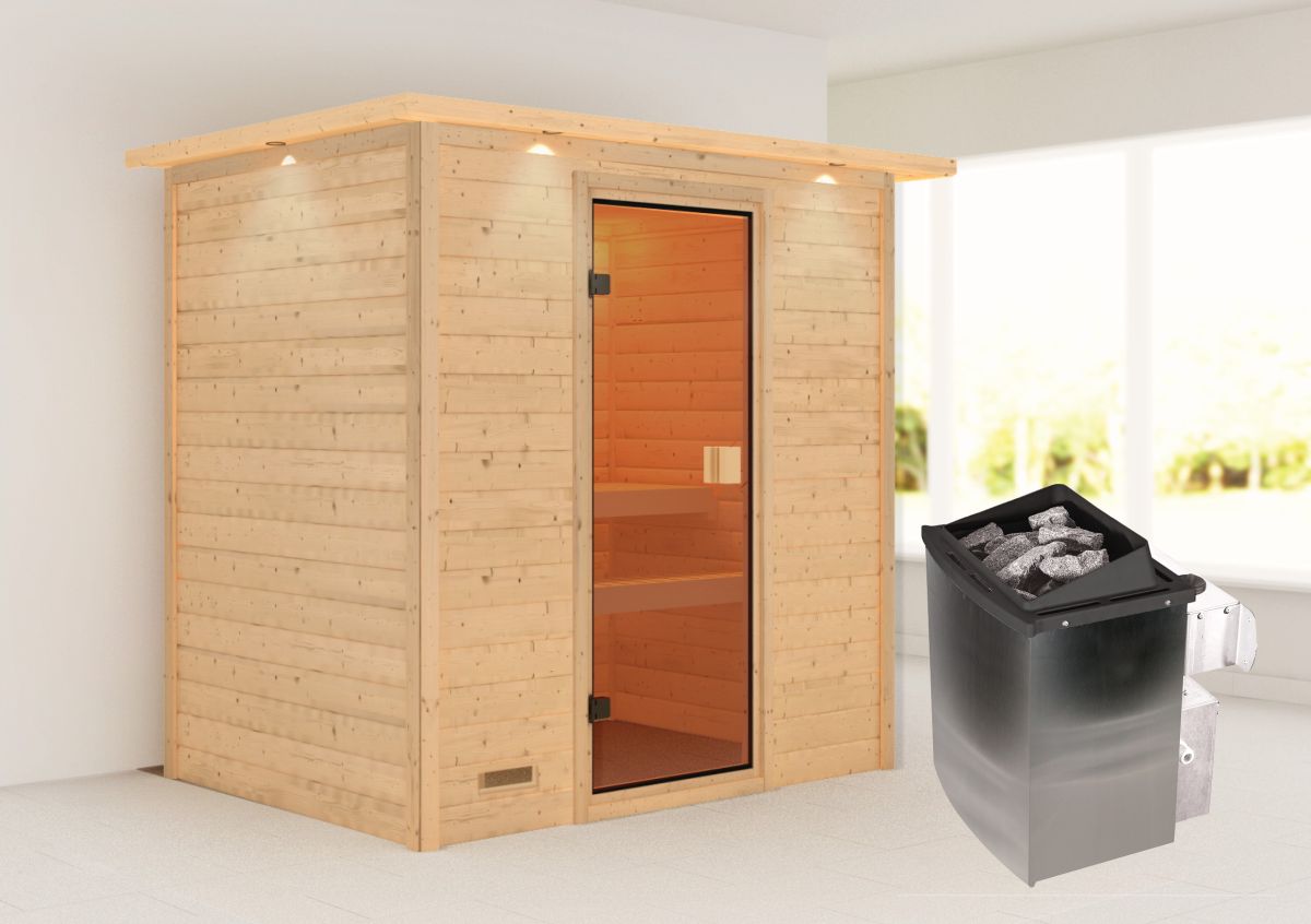 Karibu Sauna Selena - 195 x 145 cm, 38 mm Massivholz mit Kranz | Ofen 9 kW mit integr. Steuerung