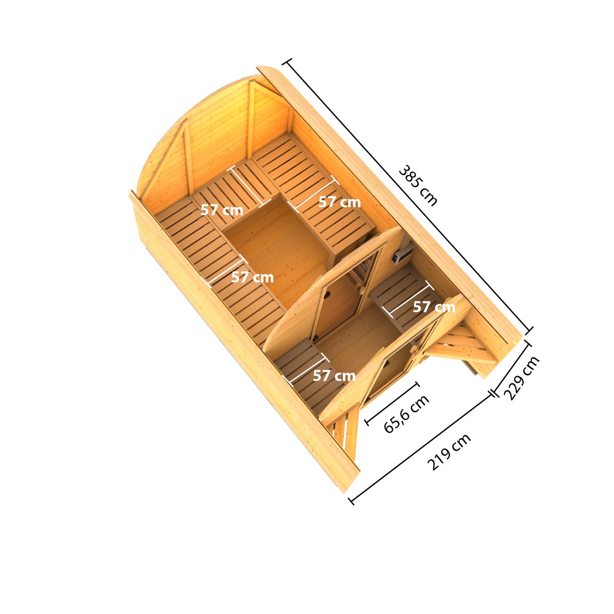 Karibu Sauna-Fasshaus 3 - 219 x 385 cm, 38 mm Massivholz naturbelassen | ohne Ofen