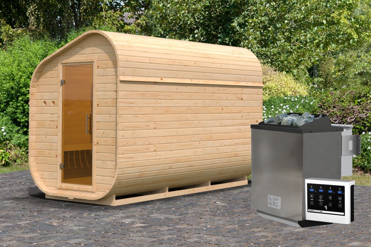 Fasssauna asymmetrisch 3 - 199x355 cm, 38 mm Gartensauna mit Vorraum | Bio-Ofen 9 kW