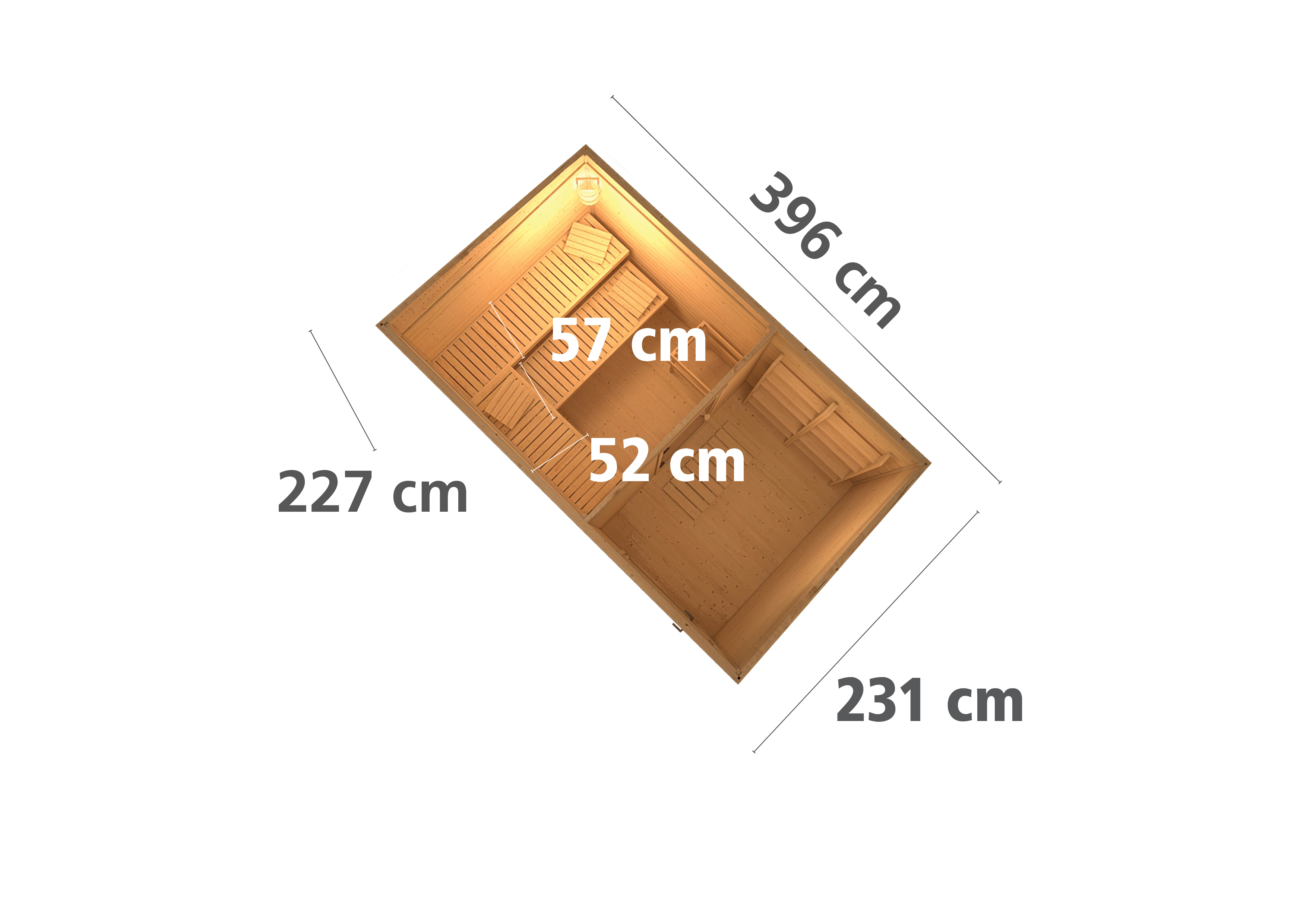 Karibu Saunahaus Skrollan 3 - 396x231 cm, 38 mm naturbelassen | Tür Milchglas | ohne Ofen