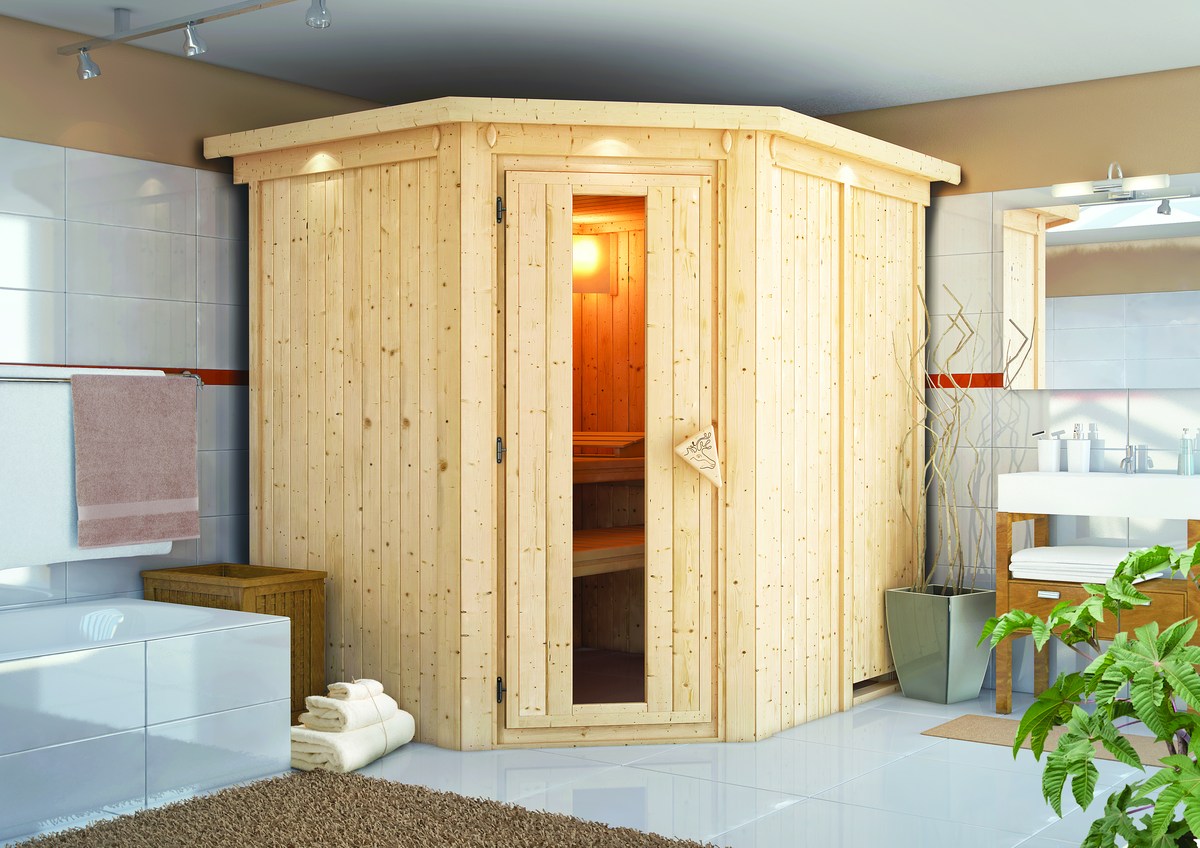 Energiesparsauna Lobin GREEN POWER - 196x170 cm, 68 mm Karibu Sauna mit Dachkranz|Bio PnP-Ofen mit ext. Steuerung