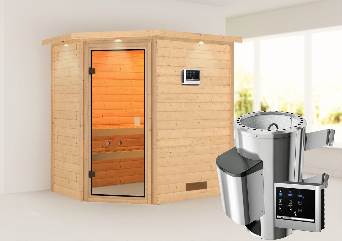 Karibu Sauna Jella - 195 x 145 cm, 38 mm Massivholz mit Kranz | PnP-Ofen mit ext. Steuerung