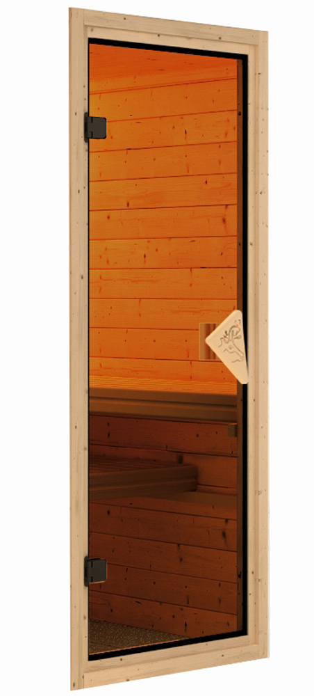 Karibu Plug & Play Sauna Daria - 196x170 cm, 68 mm Systemsauna mit Kranz | Glastür bronziert | PnP-Ofen mit ext. Steuerung