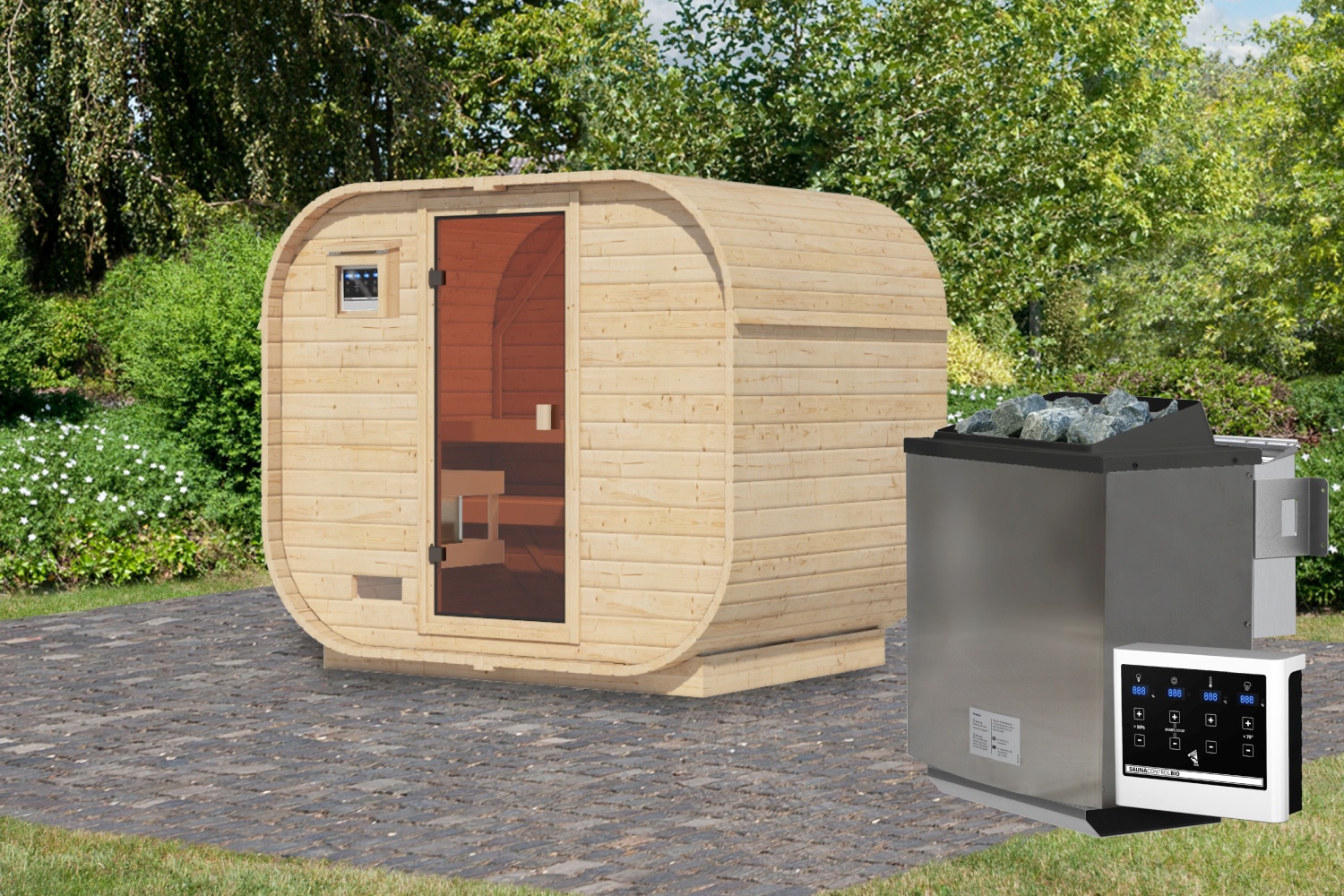 Fasssauna Quadro 1 Plus - 243x175 cm, 38 mm Außensauna | Bio-Ofen 9 kW mit ext. Steuerung