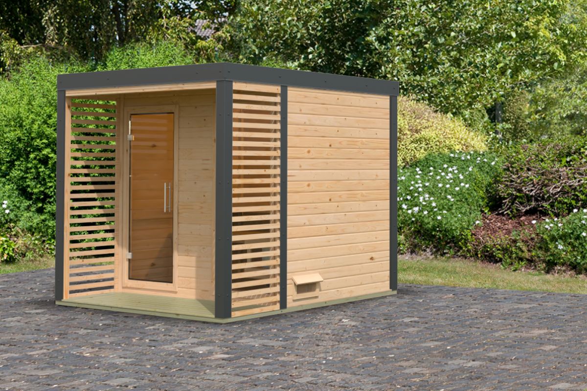 Hybrid-Saunahaus Ares 2 - 231x276 cm, 38mm Außensauna natur/anthrazit | ohne Ofen