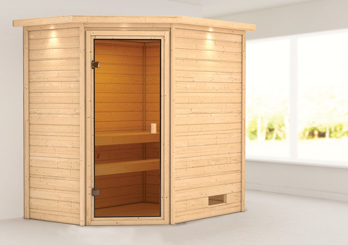 Karibu Sauna Jella - 195 x 145 cm, 38 mm Massivholz mit Kranz | ohne Ofen