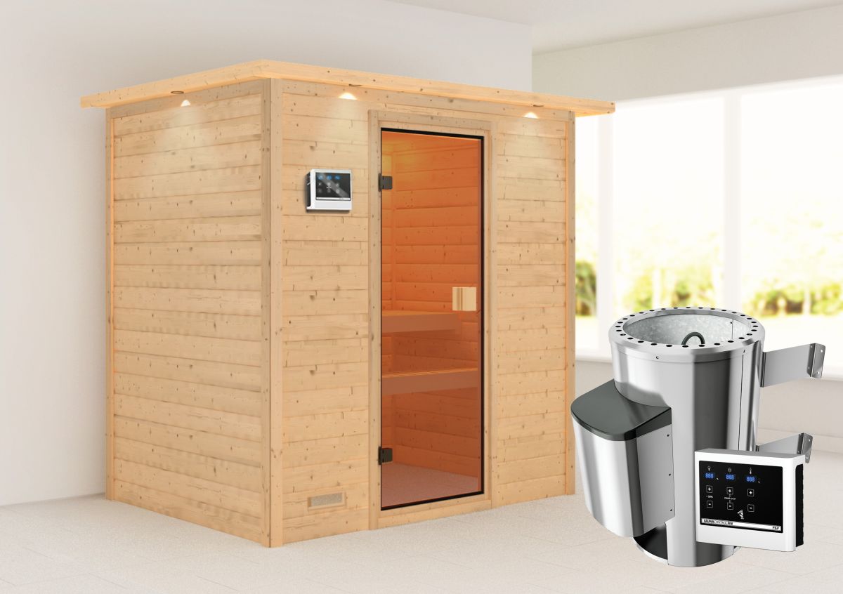 Karibu Sauna Selena - 195 x 145 cm, 38 mm Massivholz mit Kranz | PnP-Ofen mit ext. Steuerung