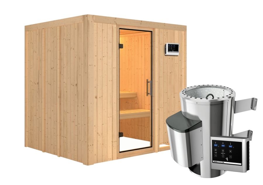 Karibu Plug & Play Sauna Daria - 196x170 cm, 68 mm Systemsauna  | Tür Klarglas | PnP-Ofen mit ext. Steuerung