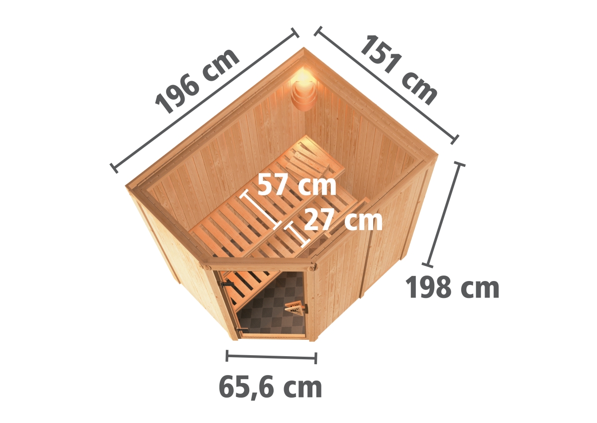 Karibu Plug & Play Sauna Saja - 151x196 cm, 68 mm Systemsauna | Energiespartür | Bio PnP-Ofen