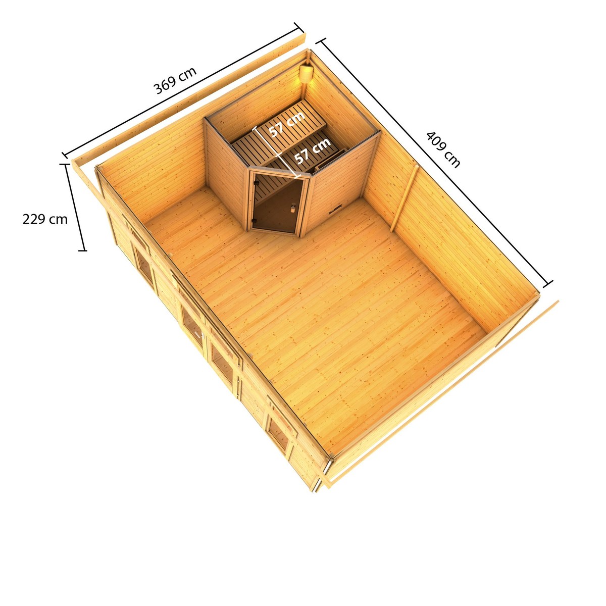 Saunahaus Mainburg 4 Set A - 490x368 cm, 38mm Holz natur | ohne Ofen