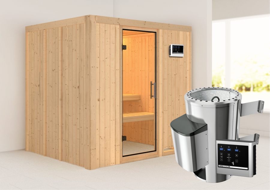 Karibu Plug & Play Sauna Daria - 196x170 cm, 68 mm Systemsauna  | Tür Klarglas | PnP-Ofen mit ext. Steuerung