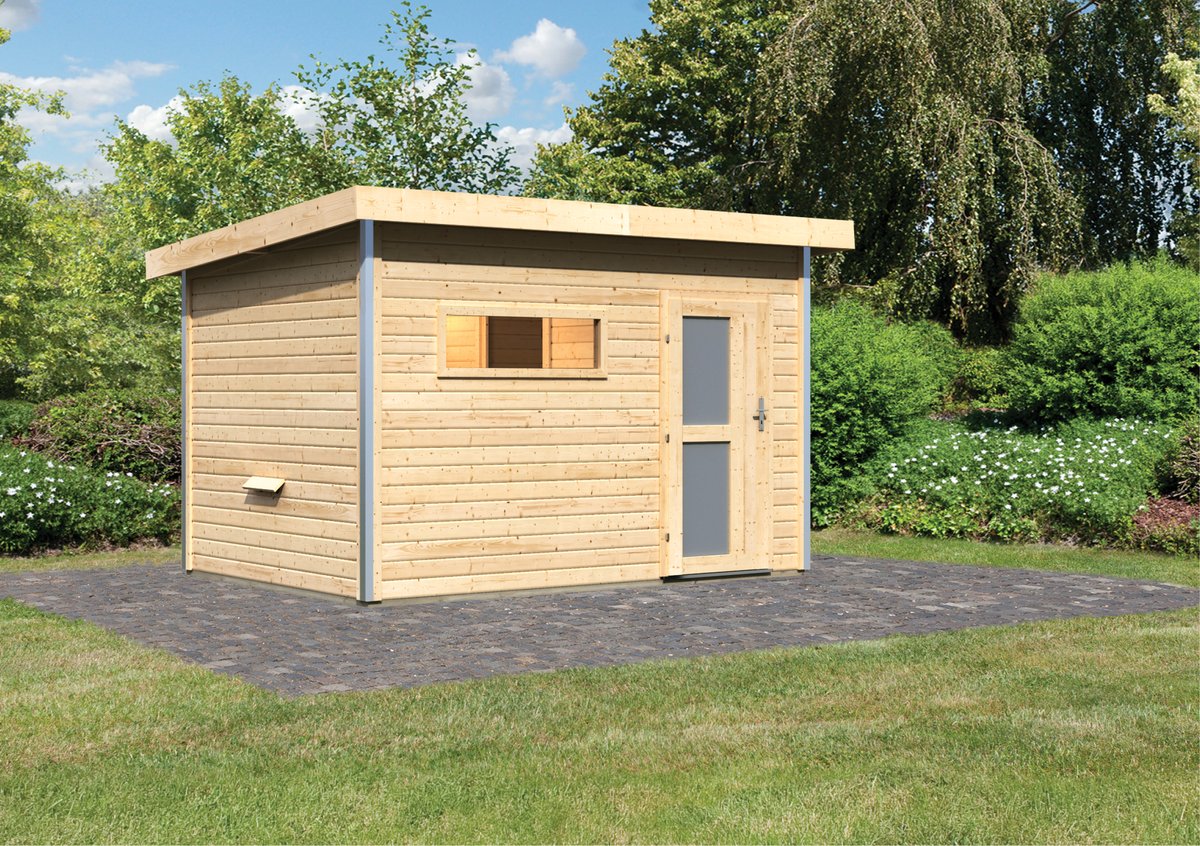Karibu Saunahaus Skrollan 2 - 336x231 cm, 38 mm natur | Tür Milchglas | ohne Ofen