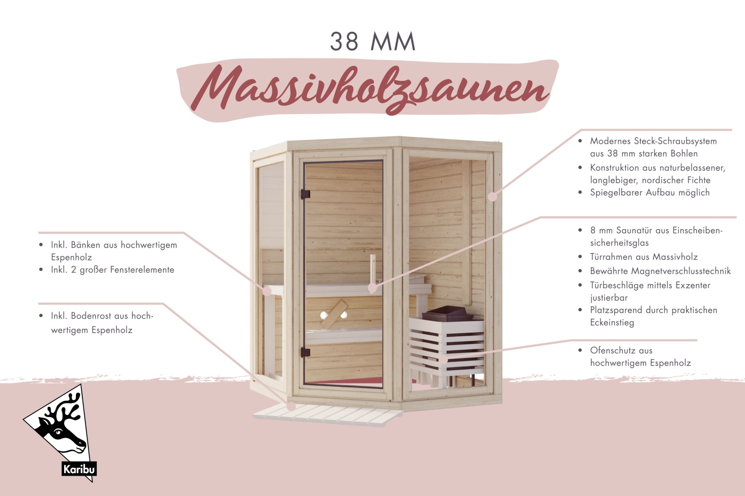 Karibu Sauna Yuma - 158x158 cm, 38 mm Massivholzsauna |ohne Ofen