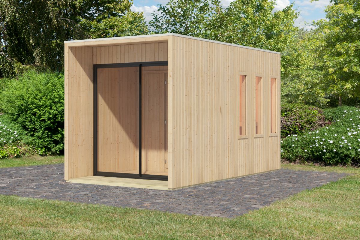 Karibu Saunahaus Miramar - 220x429 cm, 73 mm Flachdachhaus naturbelassen | ohne Ofen