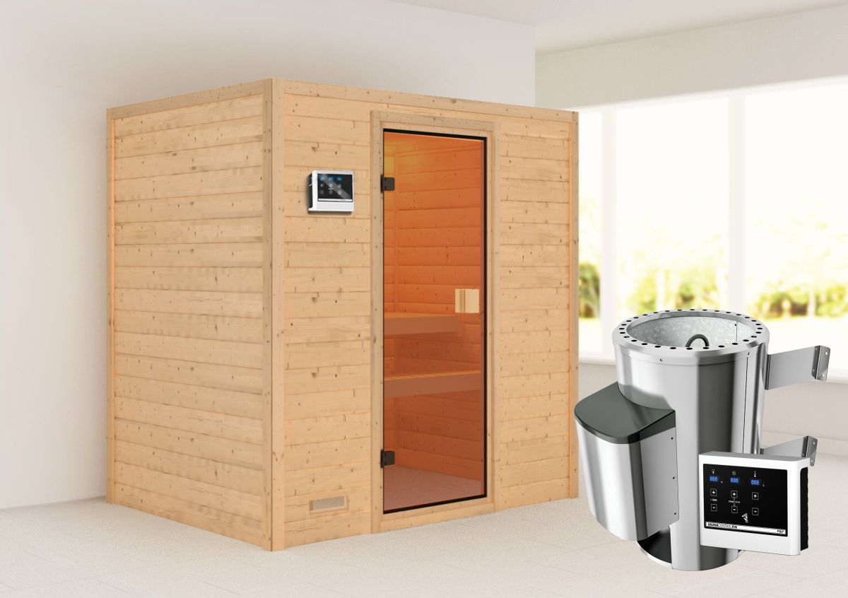 Karibu Sauna Selena - 195 x 145 cm, 38 mm Massivholz | PnP-Ofen mit ext. Steuerung
