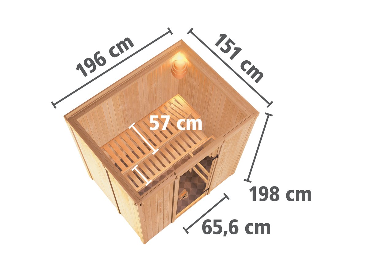 Karibu Sauna Bodin - 196x151 cm, 68 mm Systemsauna | Glastür bronziert | ohne Ofen