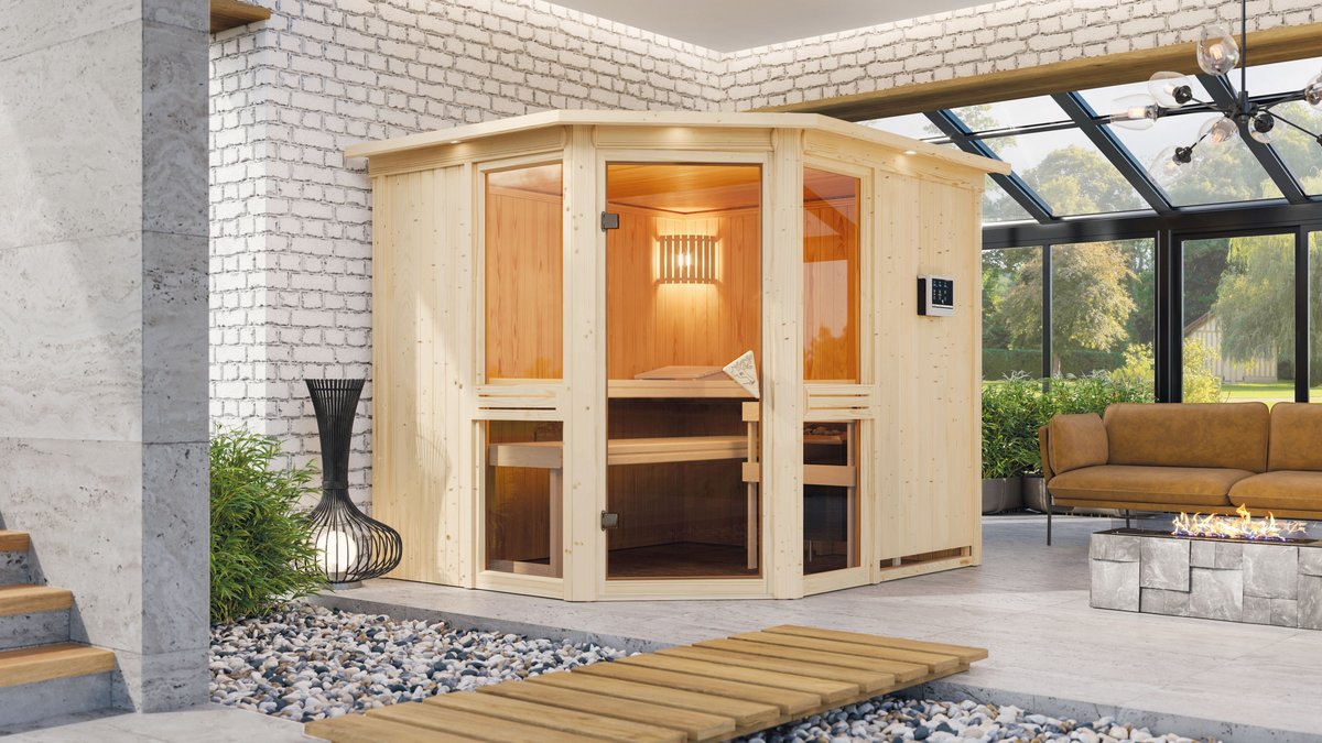 Karibu Sauna Amelia 3 - 231x196 cm, 68 mm Systemsauna "Exklusiv"