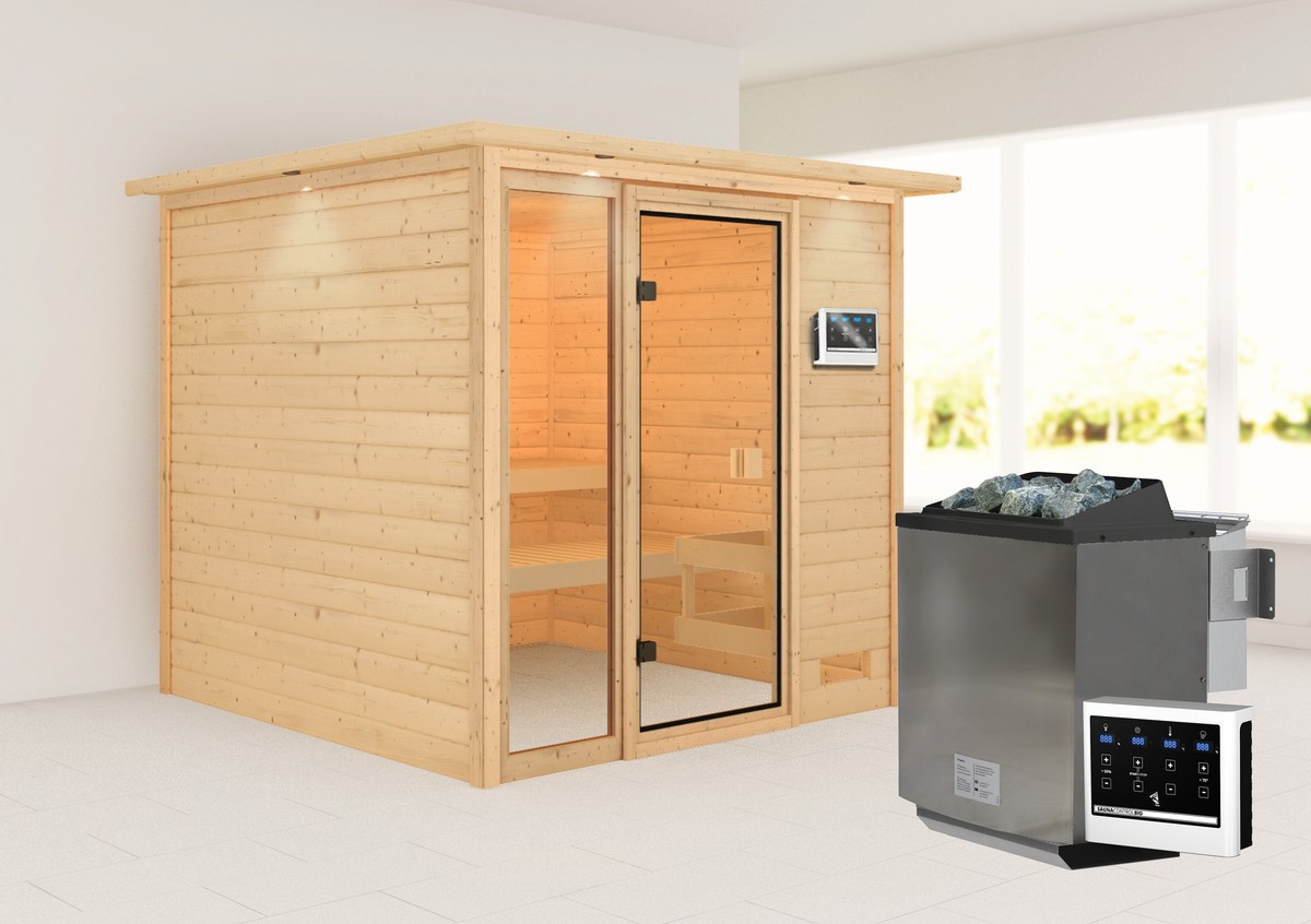 Karibu Sauna Jutta - 196 x 196 cm, 38 mm Massivholz mit Kranz | Bio-Ofen 9 kW mit ext. Steuerung