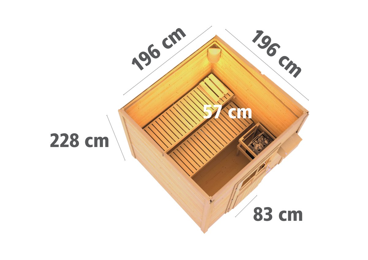 Karibu Saunahaus Torge - 196 x 196 cm, 38 mm natur | Tür modern | ohne Ofen