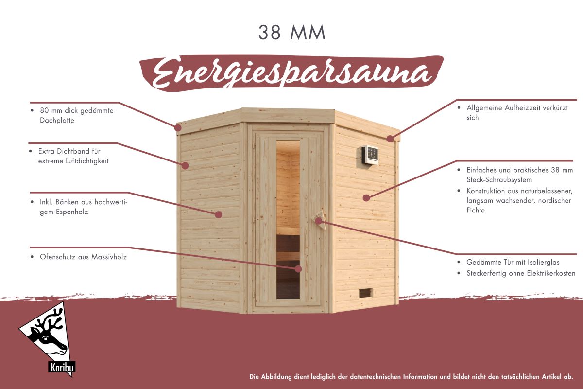 Energiespar-Sauna Cosmin GREEN POWER - 196x170 cm, 38 mm Massivholzsauna | ohne Ofen
