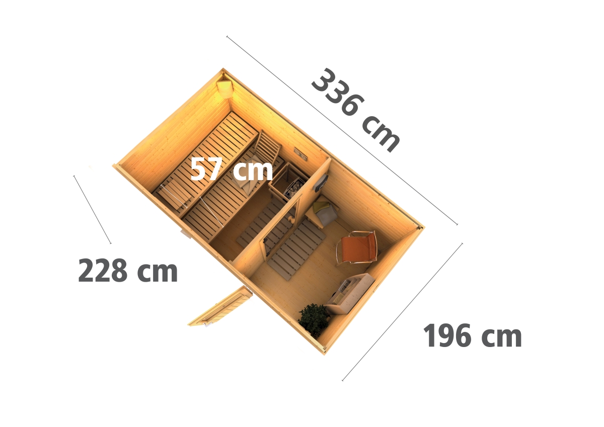 Karibu Saunahaus Skrollan 1 - 336x196 cm, 38 mm natur | Tür Milchglas | ohne Ofen