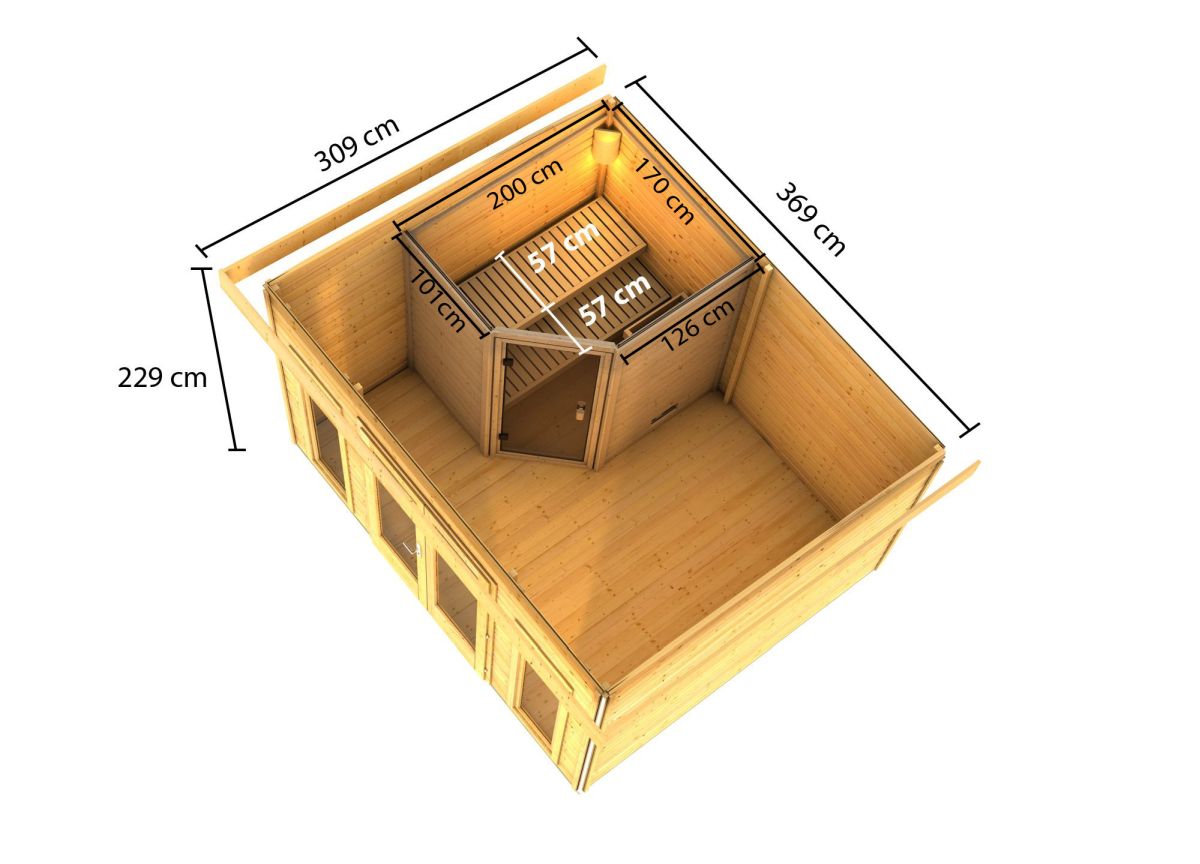 Saunahaus Mainburg 2 Set A - 396x309 cm, 38mm Holz natur | ohne Ofen