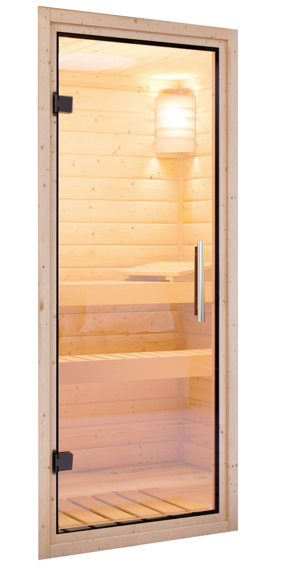 Karibu Plug & Play Sauna Fanja - 196x151 cm, 68 mm Systemsauna, ohne Kranz|Tür Klarglas|PnP-Ofen 2