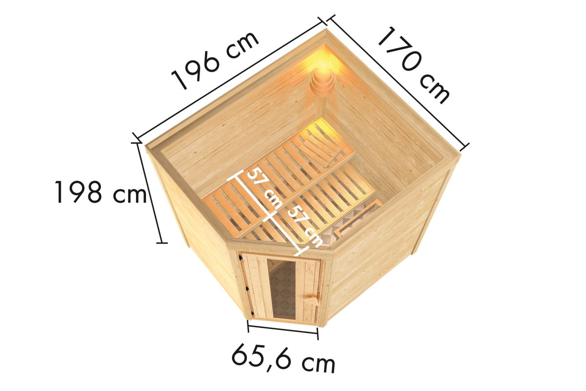Energiespar-Sauna Maxin GREEN POWER - 196x170 cm, 38 mm Massivholzsauna | PnP-Ofen mit ext. Steuerung