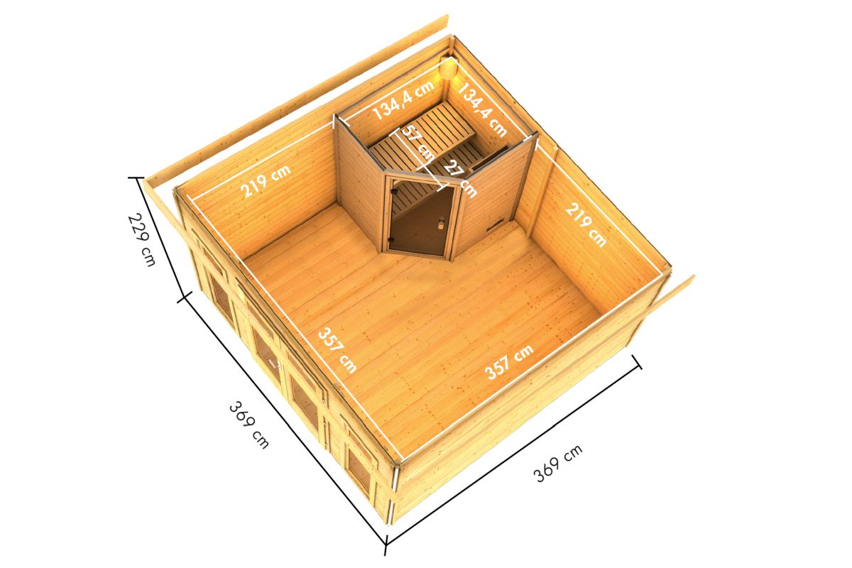 Saunahaus Mainburg 3 Set 0 - 369x369 cm, 38mm Holz natur | ohne Ofen