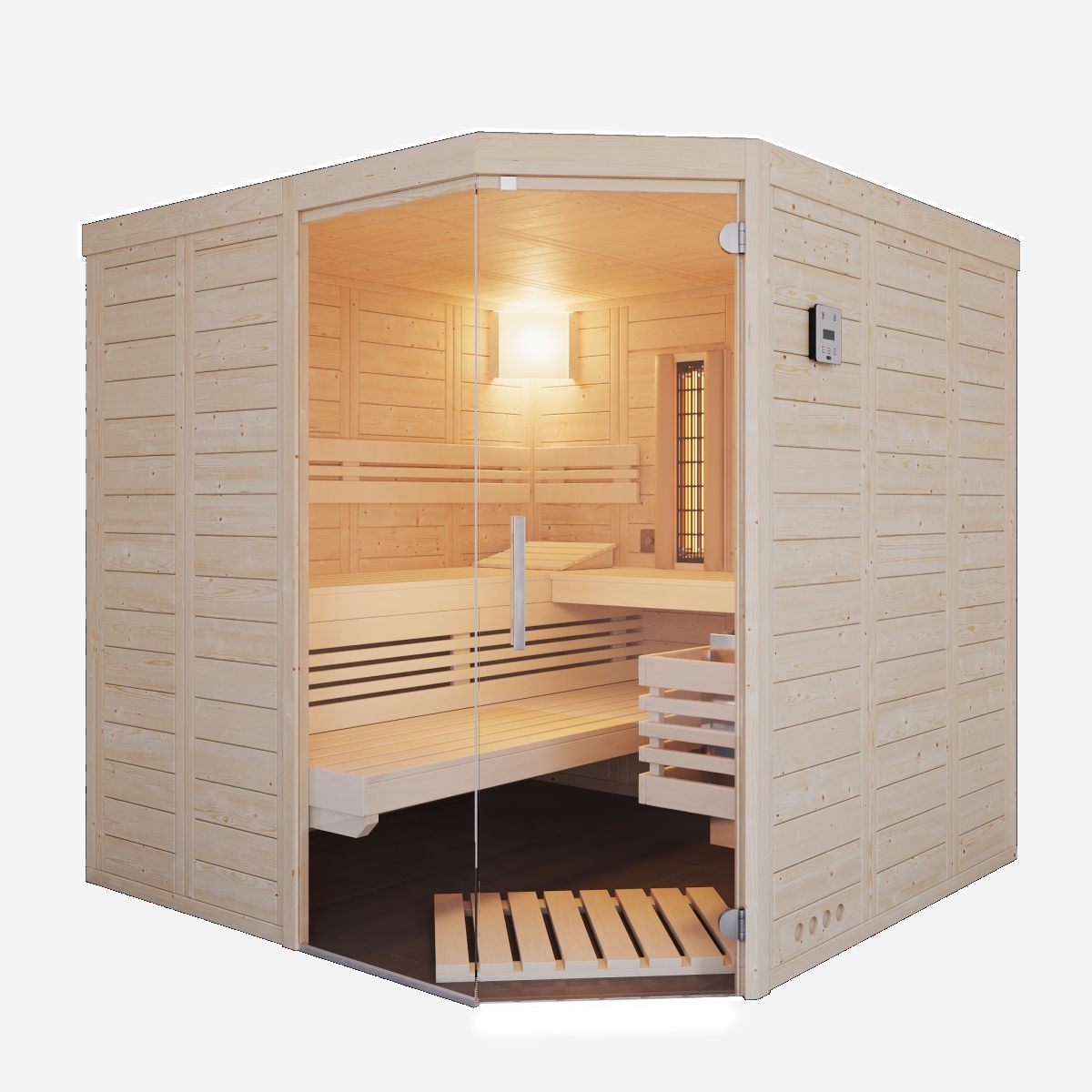 Kombisauna Solido Complete 209 Ecke links - 209x209 cm, 40 mm Massivzsauna mit 9 kW Bio-Ofen + Steuerung