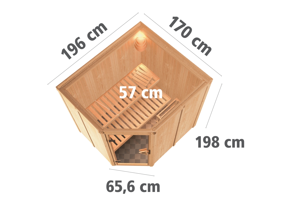 Karibu Plug & Play Sauna Lilja - 196x170 cm, 68 mm Systemsauna | Tür Klarglas | PnP-Ofen mit ext. Steuerung