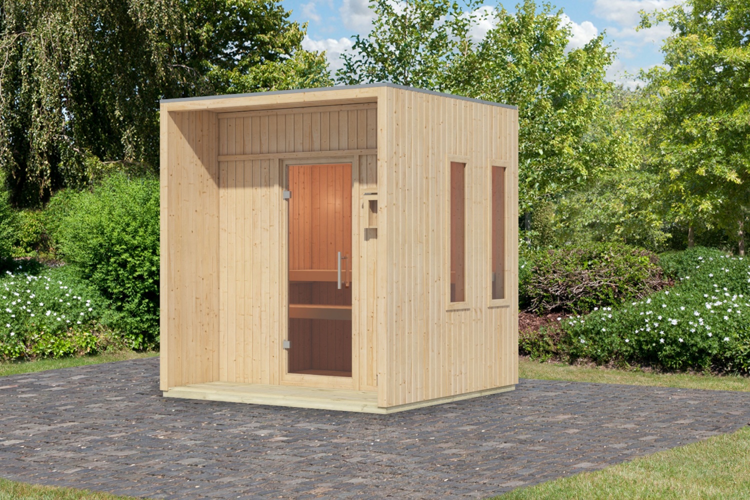 Karibu Saunahaus Arcadia - 220x217 cm, 73 mm Außensauna naturbelassen | ohne Ofen