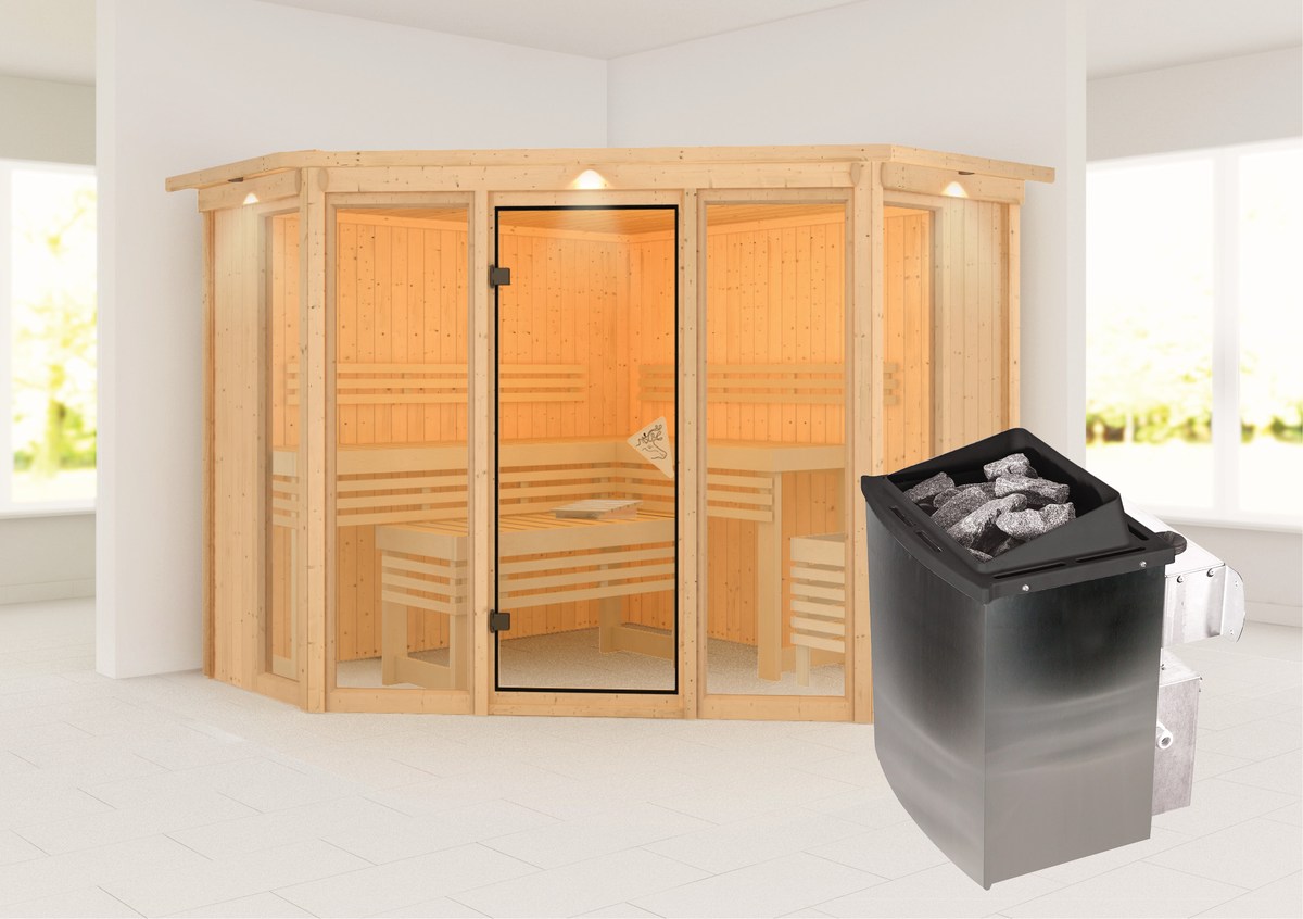 Karibu 5-Eck-Sauna Alcinda - 231x231 cm, 68 mm Systemsauna mit Kranz | Ofen 9 kW mit integr. Steuerung