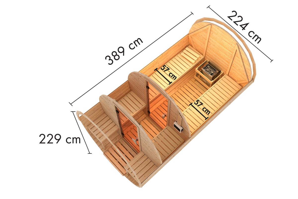 Karibu Fasssauna 3 - 225x385 cm, 38 mm Massivholz | Bio-Ofen 9 kW