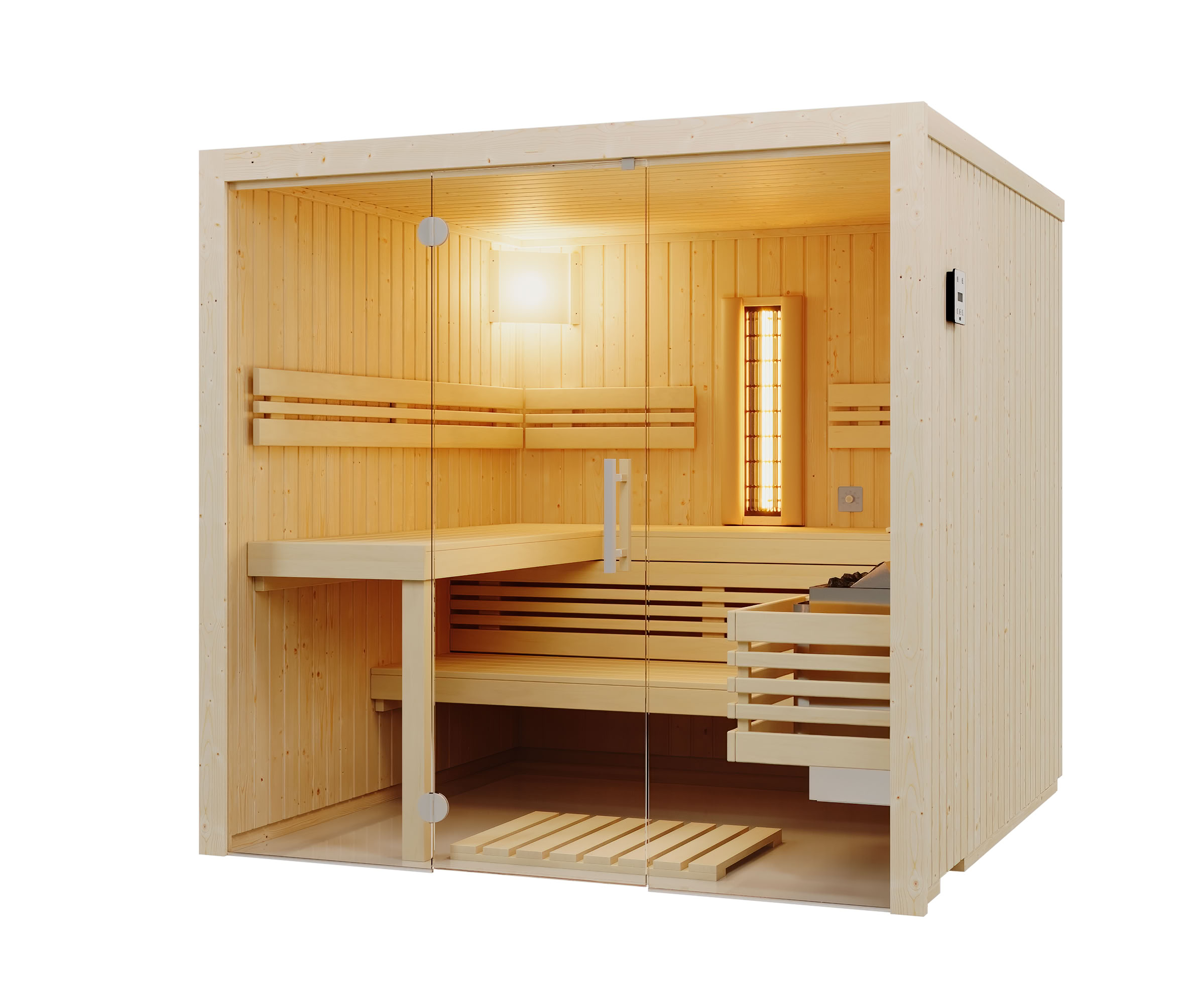 Kombisauna Panorama Complete Fichte 162 - 210x162 cm, 75 mm Elementsauna mit Infrarot
