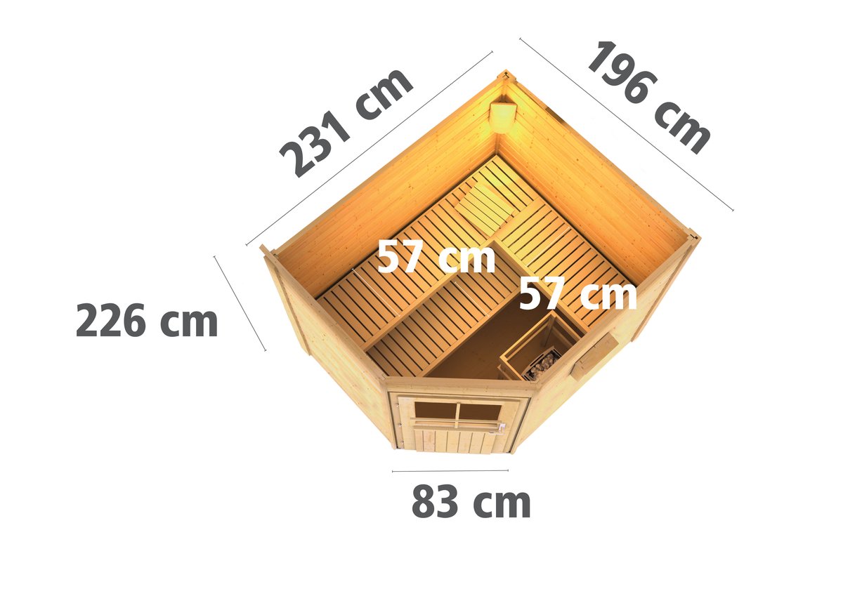 Karibu Saunahaus Mikka - 231 x 196 cm, 38 mm Massivholz, natur | Tür Milchglas | ohne Ofen